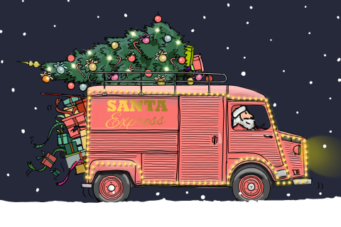 Kerstkaart met HY Citroen busje en kerstboom