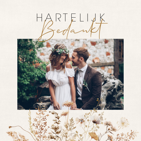 Bedankkaart trouwen met vintage bloemen design en foto