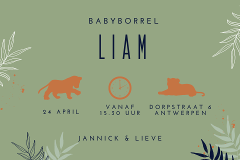 Uitnodiging babyborrel met jungle dieren en takjes