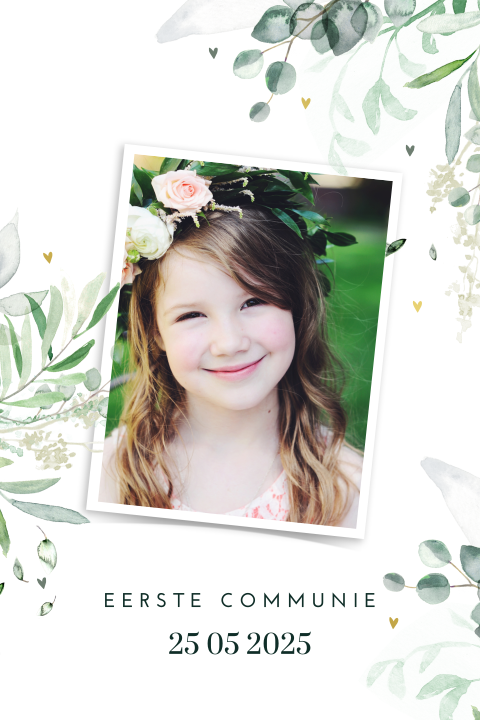 Communie bedankkaart met groene blaadjes en foto