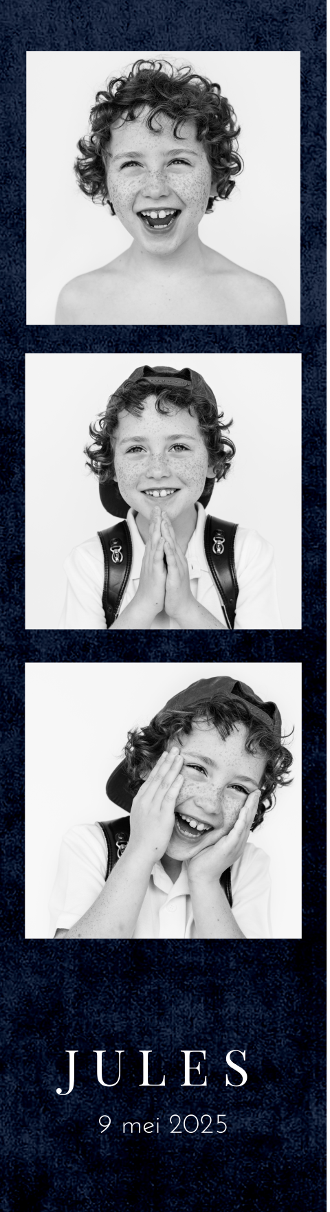 Communie bedankkaart met fotostrip op blauwe velvet-look - Set van 4