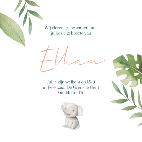 Babyborrelkaartje met schattig olifantje en takjes