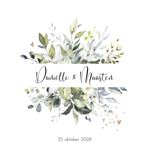 Prachtige watercolor trouwkaart lente boeket goud look