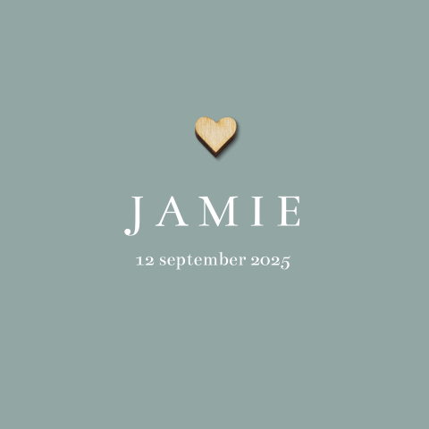 Mooie babykaart met houten hartje op trendy kleur