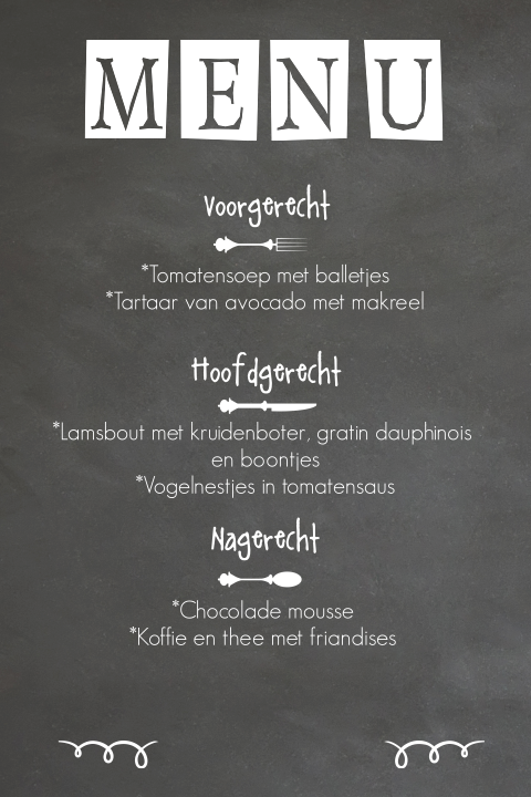 Stoere menukaart met witte teksten op krijtbord