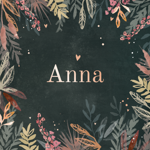 Geboortekaartje met border van bloemen en roségoudfolie