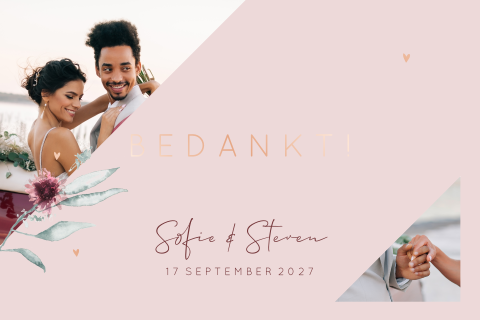 Bedankkaart met foto's, watercolour bloemen en rosegoudfolie