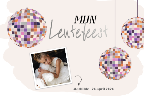 Trendy communiekaartje met foto, zilverfolie en discobal