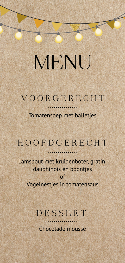 Menukaart met slingers en lampjes op kraftlook