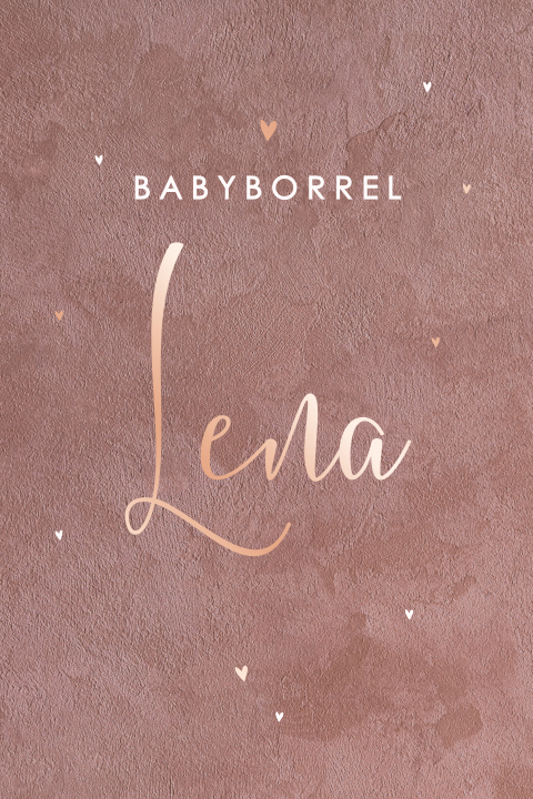 Babyborrel uitnodiging met roségoudfolie naam op velvet-look