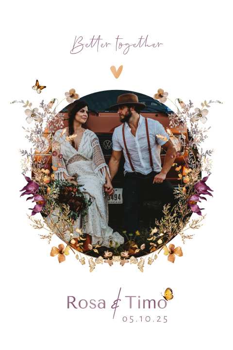 Bohemian trouwkaart met foto, veldbloemen en vlinder