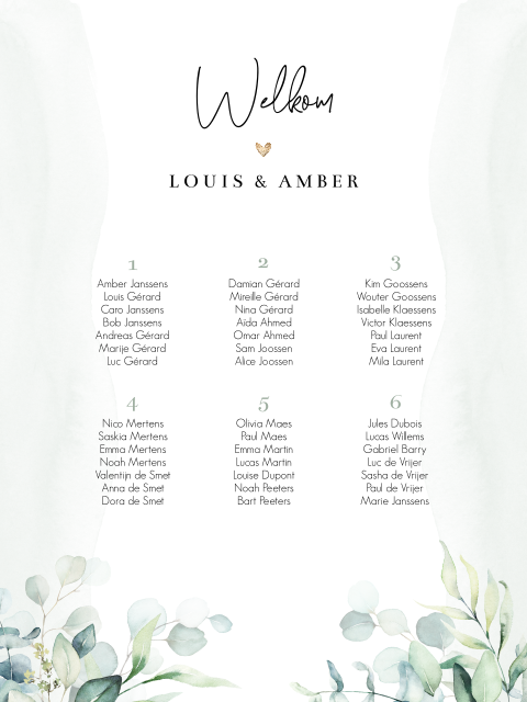 Tafelschikking poster met eucalyptus takjes en gouden hartje