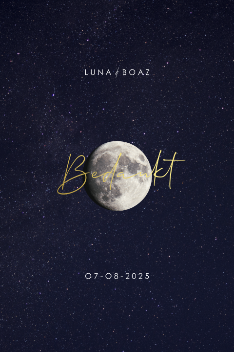 Bedankkaart met maan en goudfolie tekst op donkerblauw