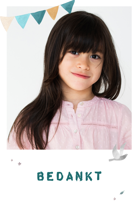 Bedankkaart communie met gekleurde slinger en foto