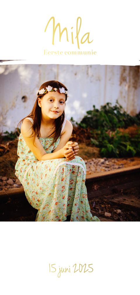 Goudfolie communiekaart met foto I langwerpig