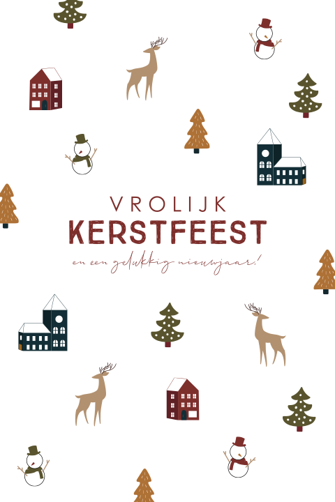 Vrolijke kerstkaart met sneeuwpoppen en rendieren