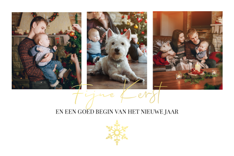 Moderne kerstkaart met fotocollage, goudfolie en sneeuwvlok