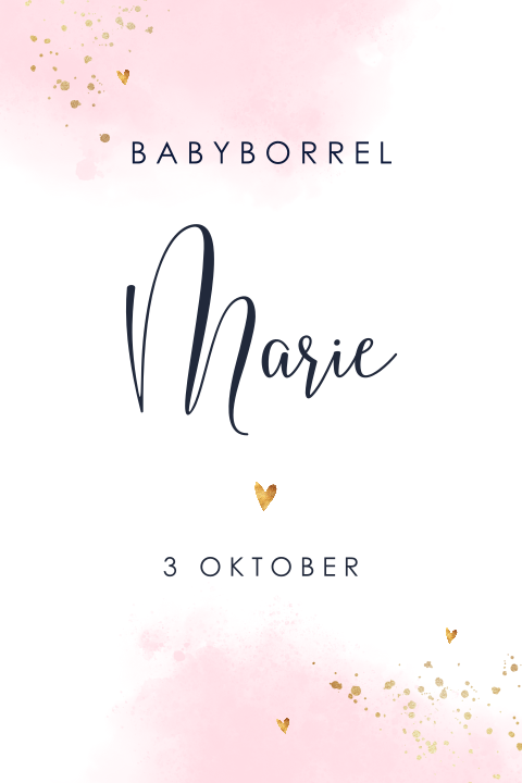 Babyborrelkaartje met roze waterverf en gouden hartjes