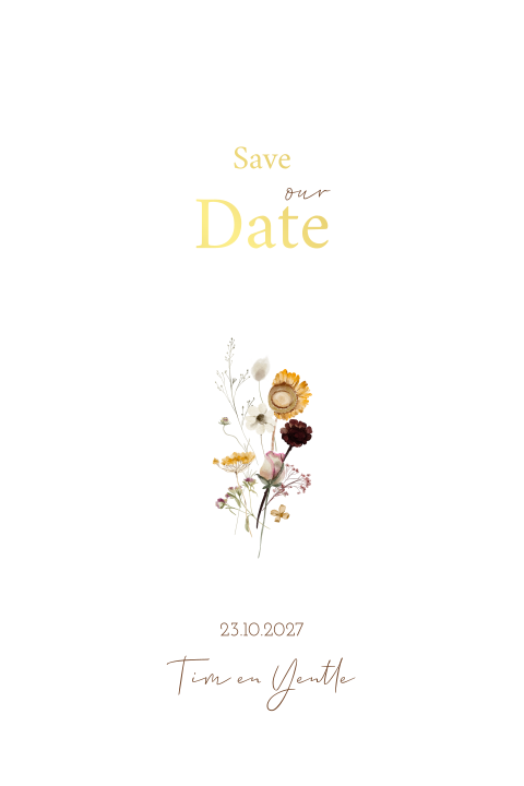 Save the date kaart met een toefje bloemen en goudfoliedruk