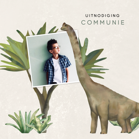 Stoere communiekaart met brachiosaurus en foto