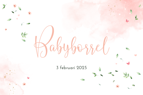 Liggend babyborrelkaartje met roze aquarel en blaadjes