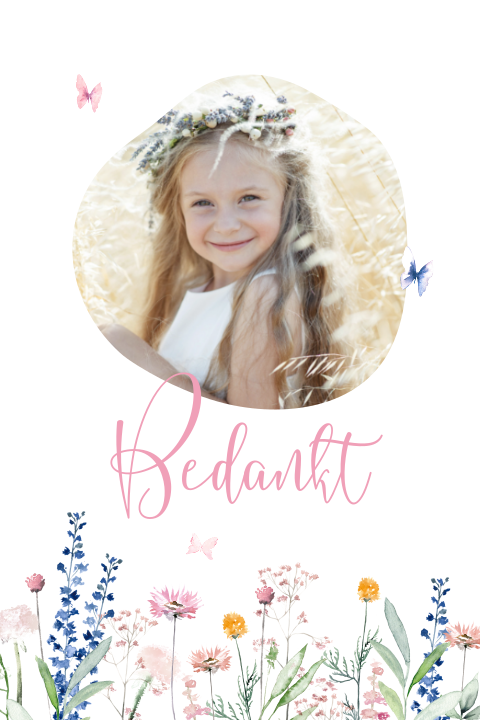 Communie bedankkaartje voor een meisje met bloemen en foto