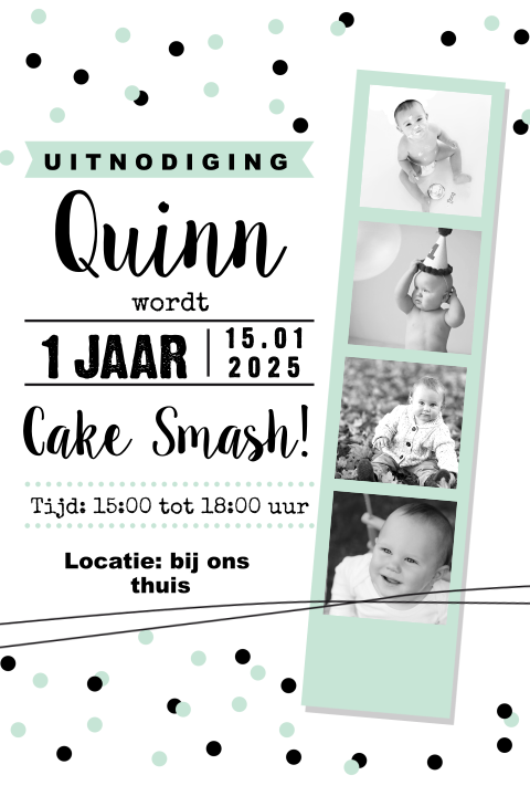 Hippe uitnodiging 1e verjaardag mintgroen met confetti en fotostrip