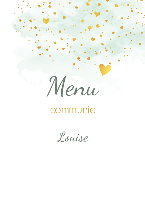 Menukaart communie met mintgroene aquarel en gouden hartjes
