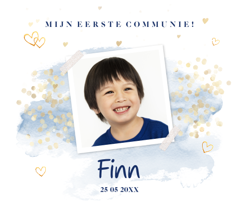 Communiekaart met blauwe waterverf, foto en goud confetti
