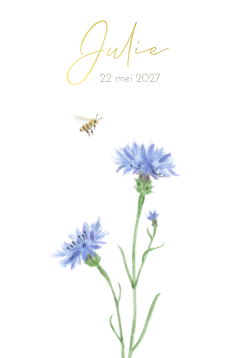Lentefeest uitnodiging met bloemen en bij en folie naam