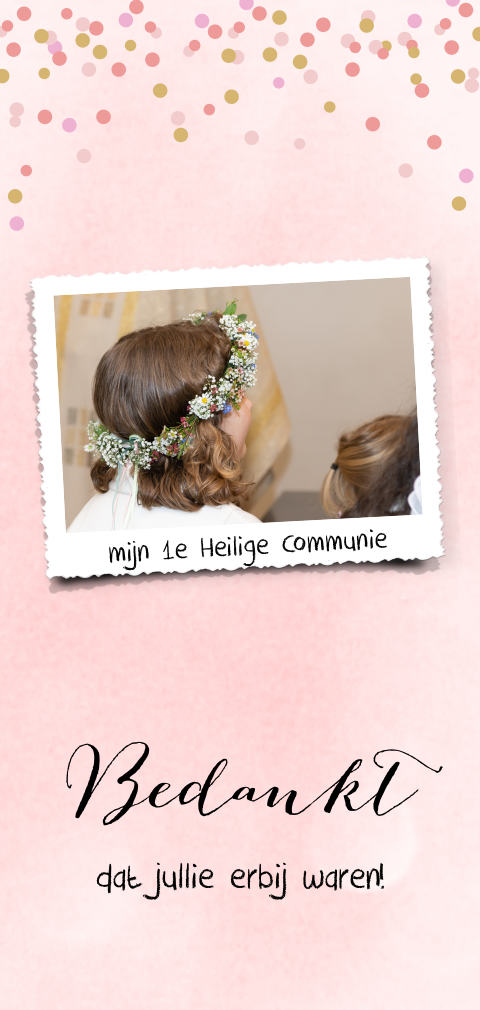 Lieve bedankkaart voor communie meisje met roze verf en confetti