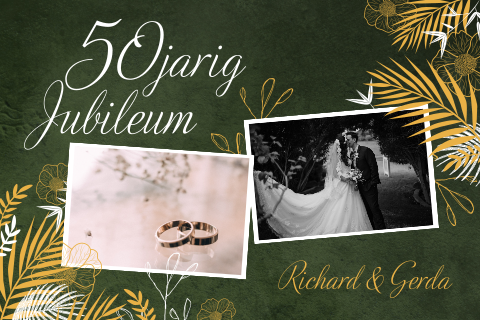Chique jubileumkaart 50 jaar getrouwd met gouden takjes en foto's