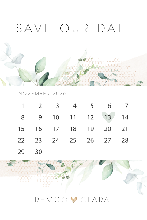 Save the date kaart met kalender en eucalyptus