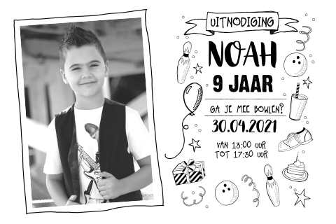 Getekend uitnodigingskaartje voor bowlingfeestje