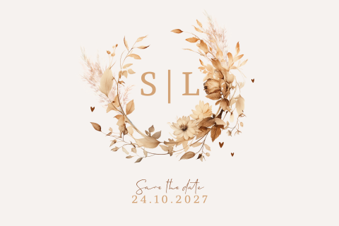 Stijlvolle save the date kaart met bloemenkrans en initialen