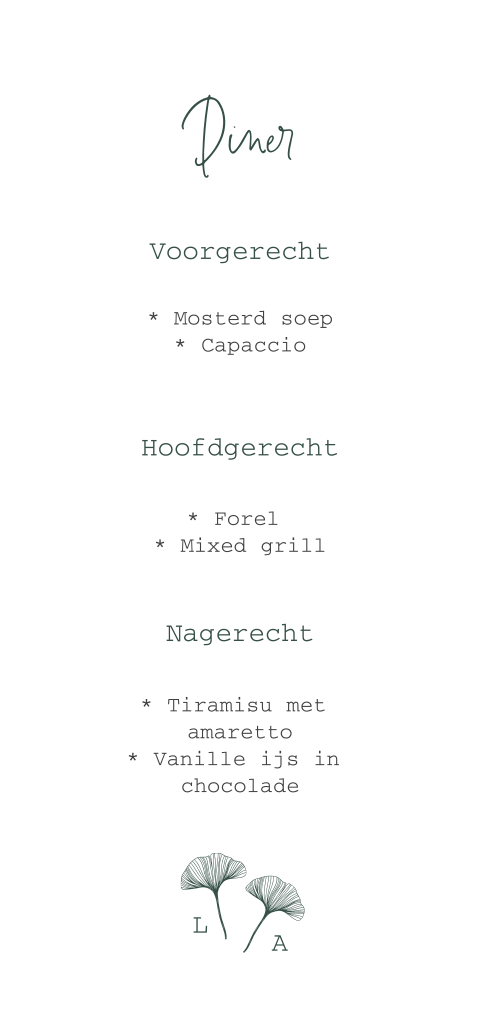 Menukaart met ginkgo blad en initialen