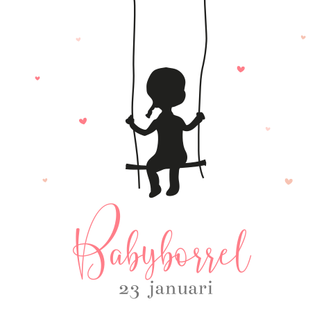 Hippe uitnodiging babyborrel met silhouet van meisje op de schommel