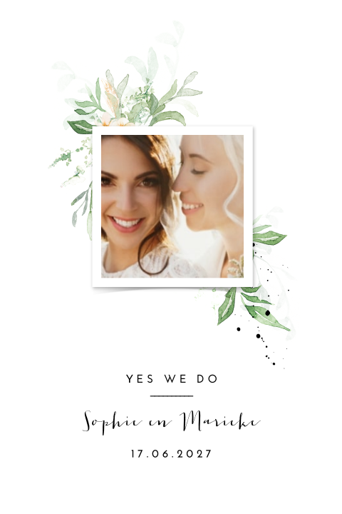 Trouwkaart met polaroid en watercolor takjes