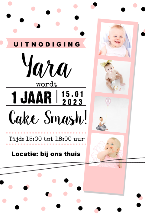Vrolijke uitnodiging eerste verjaardag meisje peach confetti en foto's