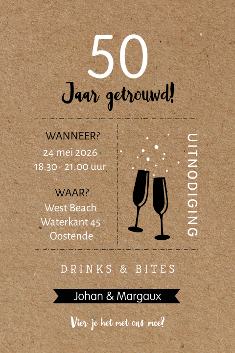 Uitnodiging 50 jaar huwelijk op kraft-look achtergrond