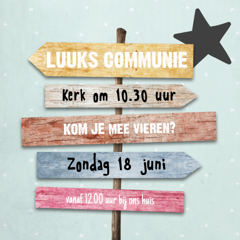 Trendy uitnodiging communie met strandpaal, wegwijzers en zeester