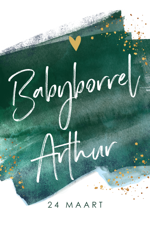 Babyborrelkaartje met groene waterverf en gouden hartje en spetters
