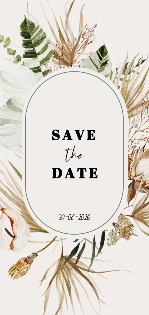 Chique save the date kaart met blaadjes
