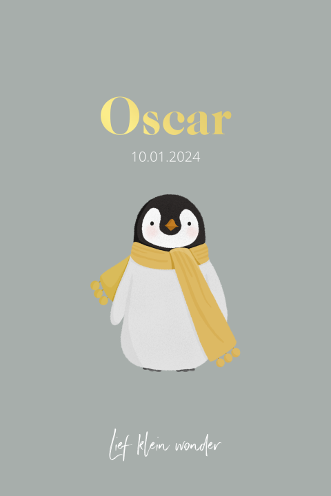 Lief geboortekaartje met goudfolie en pinguïn
