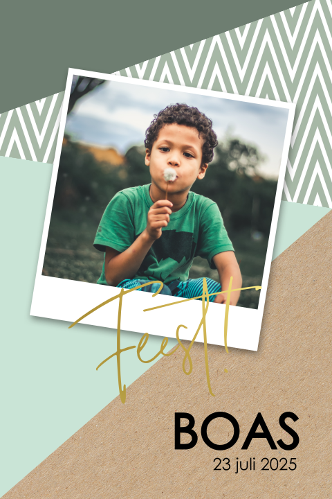 Goudfolie kinderuitnodiging met foto en schuine vakjes