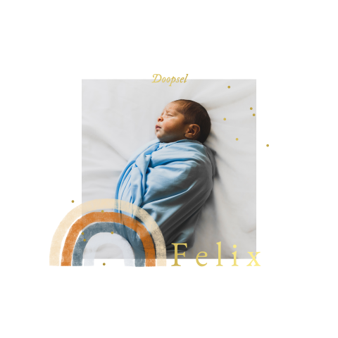 Zacht doopkaartje met foto, regenboog en goudfolie