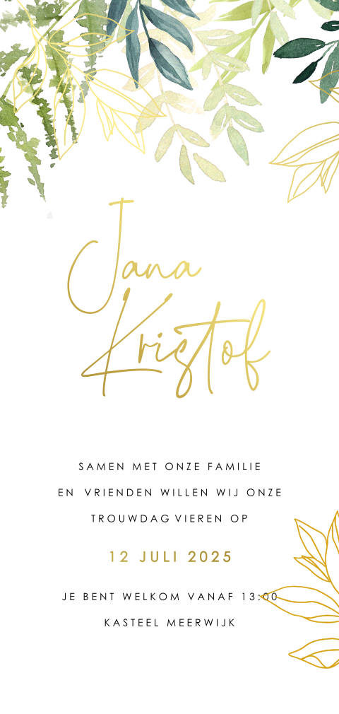 Trouwkaart met bladeren en goudfolie letters