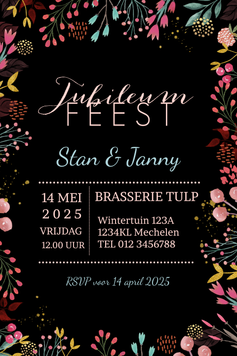 Jubileumkaart met gekleurde bloemen op een donkere achtergrond
