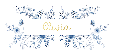 Geboortekaart kader blauwe bloemen en goudfolie