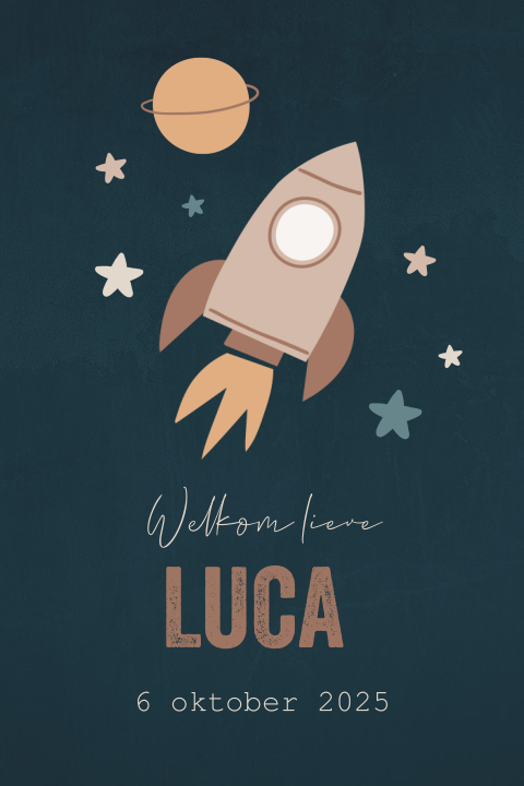 Stoer geboortekaartje in de ruimte met raket en sterretjes